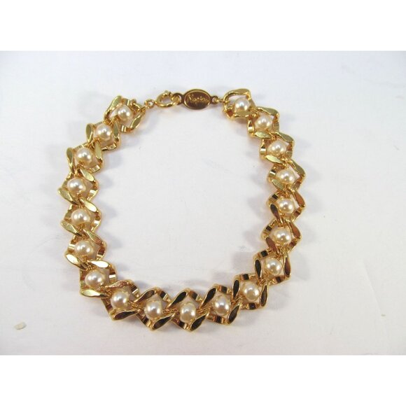 Vintage Napier Goldtone Faux Pearl Link Bracelet - Picture 2 of 9